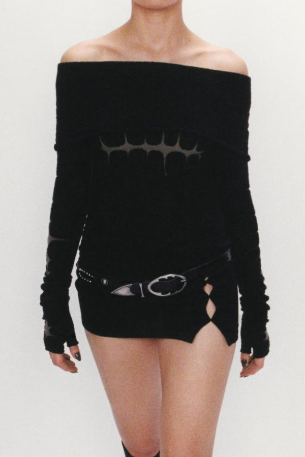 Rui Zhou 24 autumn and winter thorn intarsia one-shoulder top RUI-RAW24KN10-HEI black
